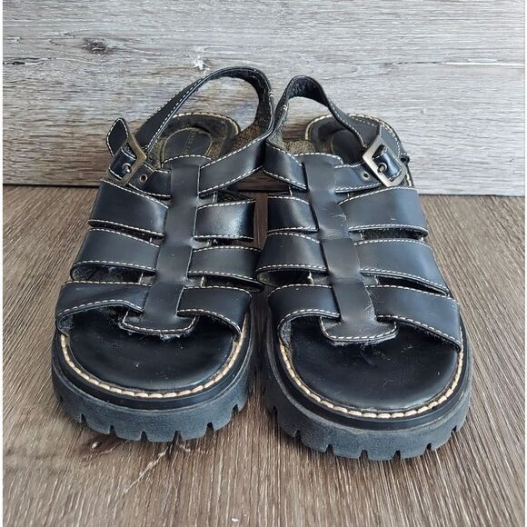 Vintage 90s Lower East Side Black Chunky Heel Platform Fisherman Sandals Size 7 - Picture 2 of 8